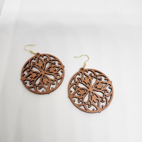Bohemian Floral Circular Wood Dangle Earrings Chandelier Sterling Silver Hook - Picture 2 of 7